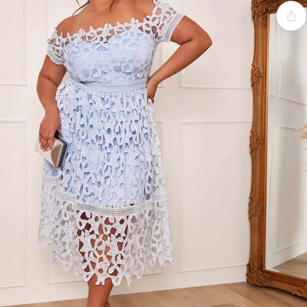 Chi Chi London Bardot Lace Off the Shoulder Dress in Blue, Size 16